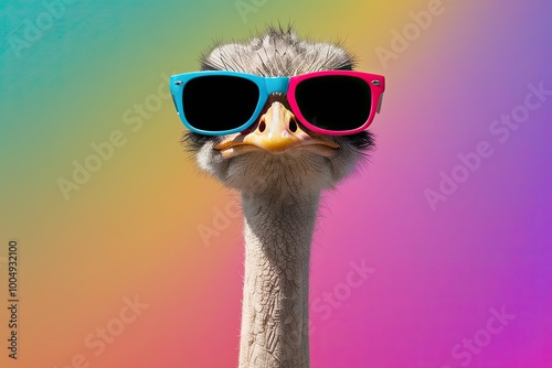 Whimsical Animal Illusion: Ostrich in Funky Sunglasses Against a Vibrant Gradient Backdrop photo