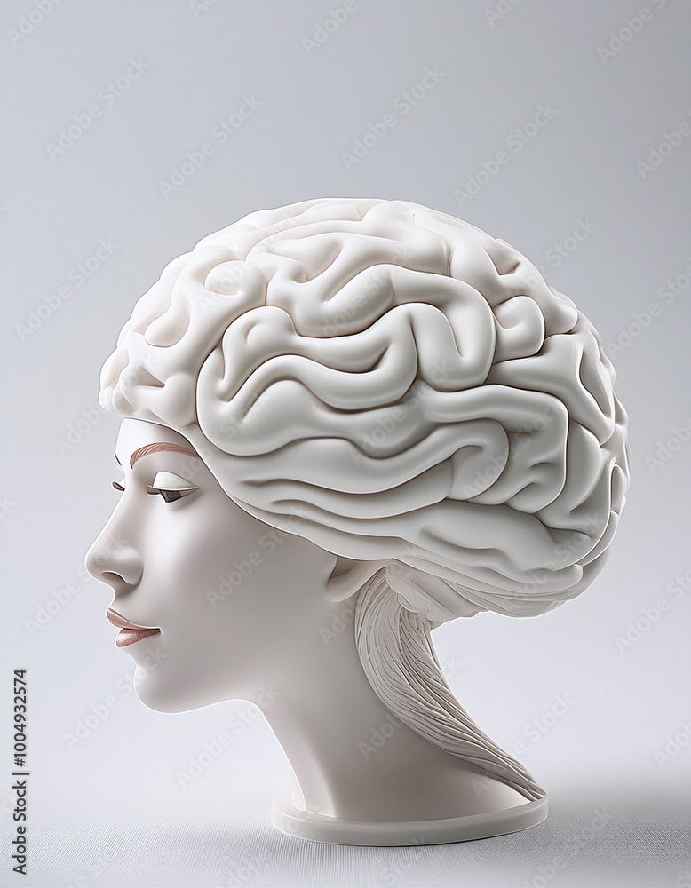 A 3D model of a human brain sits on a bright white background. Generative AI. A 3D model of a human brain sits on a bright white background. Generative AI.