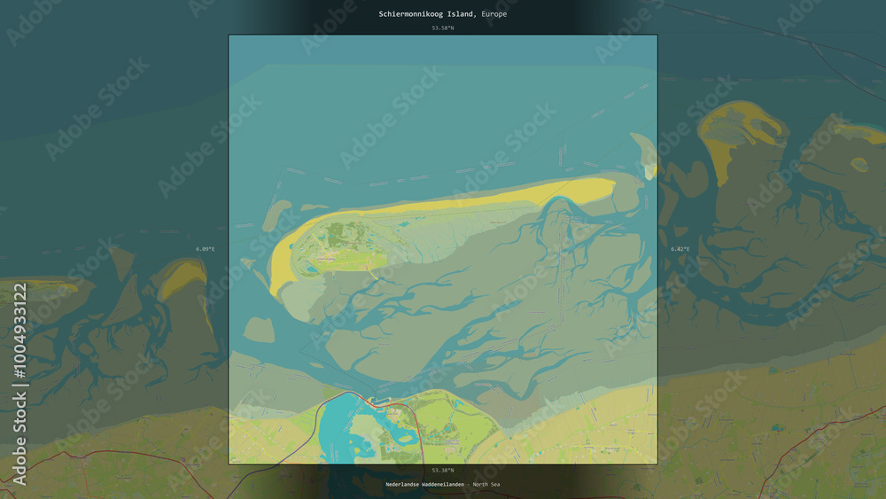 Naklejka premium Schiermonnikoog Island, Netherlands, highlighted and labelled. Topo Humanitarian