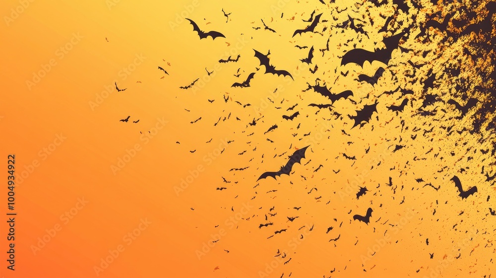 A swarm of bats flying against a gradient sunset sky. A swarm of bats flying against a gradient sunset sky.