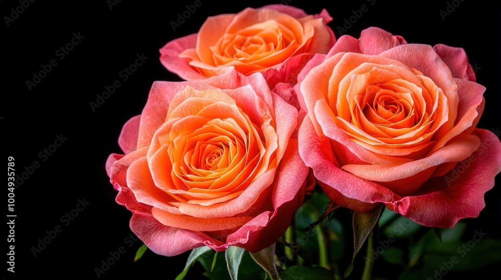 Obraz premium Three Vibrant Orange Roses on Black Background Romantic Floral Photography