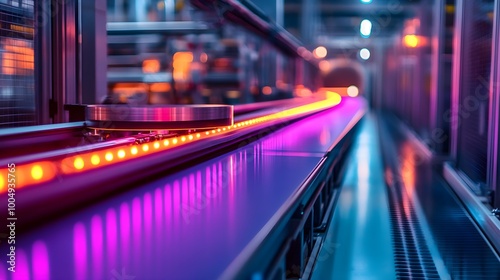 Advanced food plant with AI-driven lasers scanning vegetables for imperfections, neon-lit machinery, sleek industrial design with precise automation