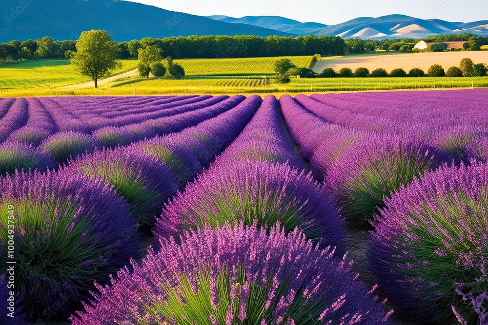 Obraz premium Lavender Farm Landscape with Purple Fields and Tranquil Countryside Views