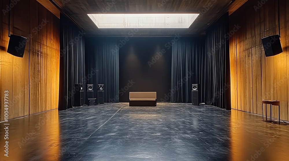 Fototapeta premium Empty soundproof room with black curtains and a bench in the middle, perfect for recording and sound editing