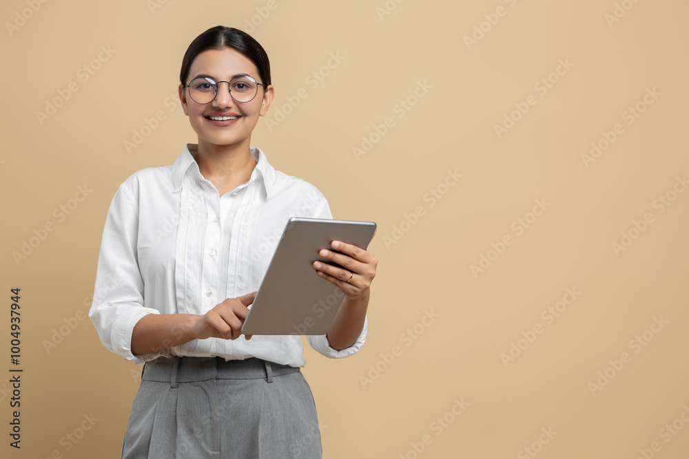 Smiling woman using digital tablet for business networking