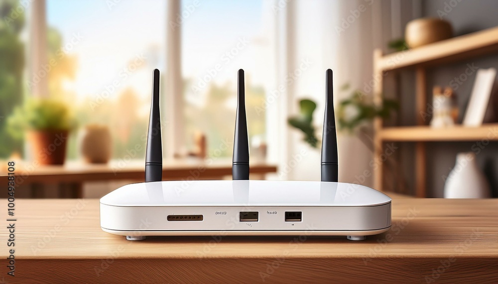 New white Wi-Fi router on wooden table indoors New white Wi-Fi router on wooden table indoors
