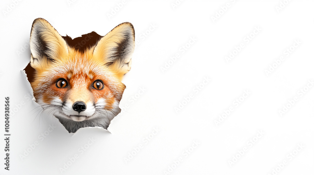 Fototapeta premium real-big-fox-looking-up-paper-torn-hole-seo-friendly-forest-wildlife-nature-isolated-papercraft-creativity