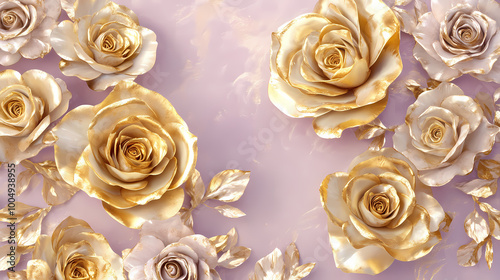 Fototapeta Naklejka Na Ścianę i Meble -  Golden roses with a metallic finish blooming gracefully on a soft lavender background, their luxurious arrangement exuding sophistication and style. Metallic Finish. Illustration