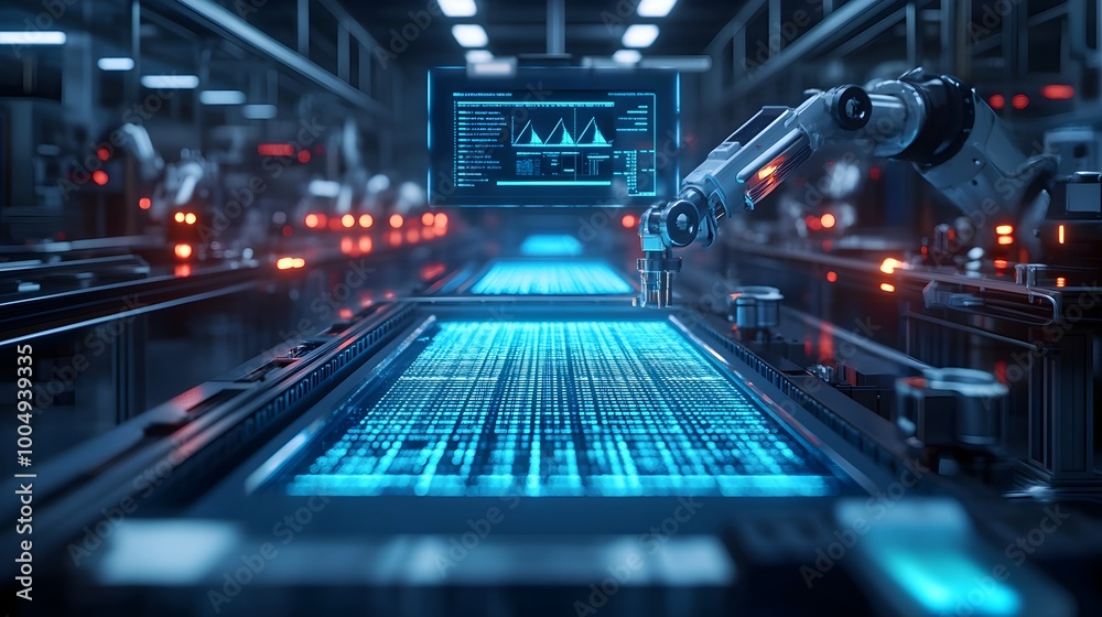 Robots assembling food packages while a holographic screen displays nutritional data, futuristic, neon blue, 3D rendering, high-tech food packaging line with precise data overlays Robots assembling food packages while a holographic screen displays nutritional data, futuristic, neon blue, 3D rendering, high-tech food packaging line with precise data overlays