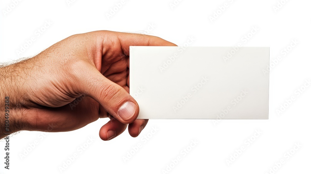 Obraz premium Close-Up of Male Hand Holding Blank Card with Cinematic Lighting on White Background