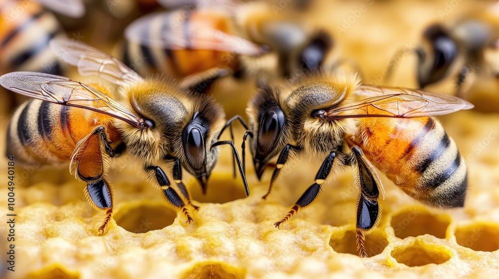 Close up of Honey Bees Working on Honeycomb Hive Close up of Honey Bees Working on Honeycomb Hive