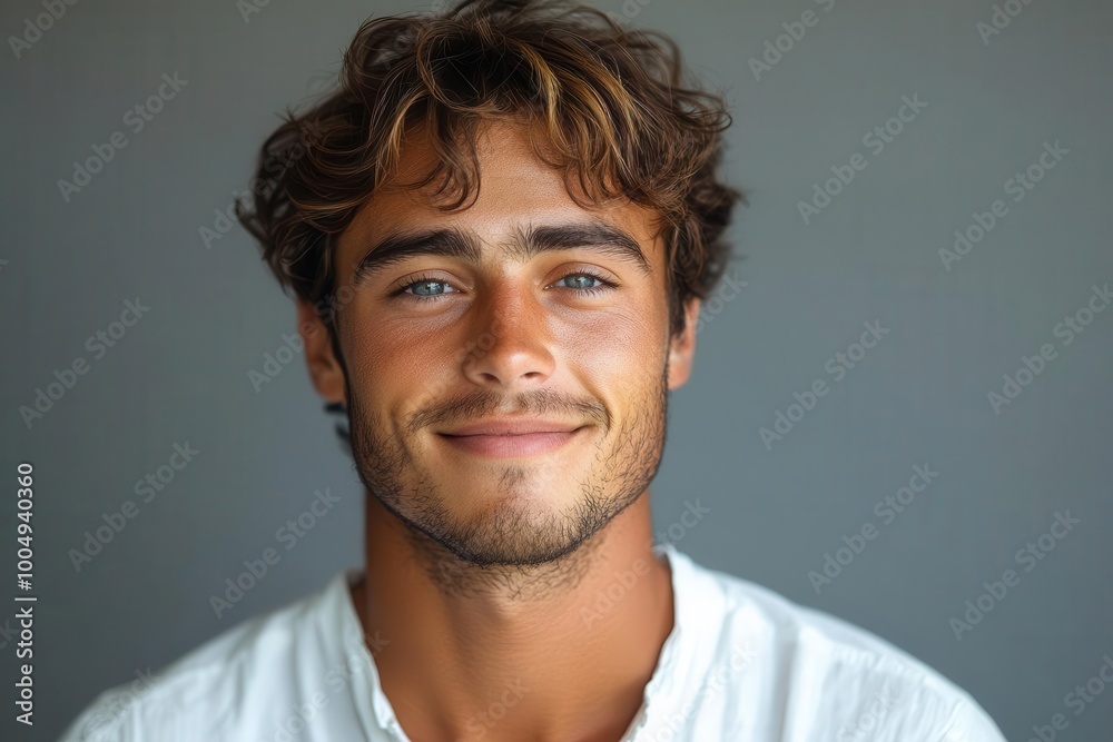 confident young man in a crisp white shirt smiling warmly set against a soft blurred grey backdrop that highlights his approachable charm and style confident young man in a crisp white shirt smiling warmly set against a soft blurred grey backdrop that highlights his approachable charm and style