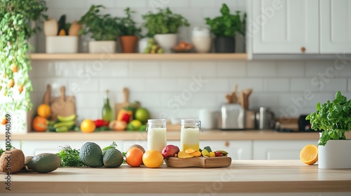 Two glasses of smoothies on a countertop in a bright, modern kitchen.