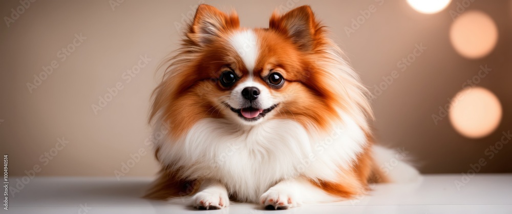 Pomeranian dog with fluffy fur and a joyful expression, showcasing pet companionship and indoor lifestyle.