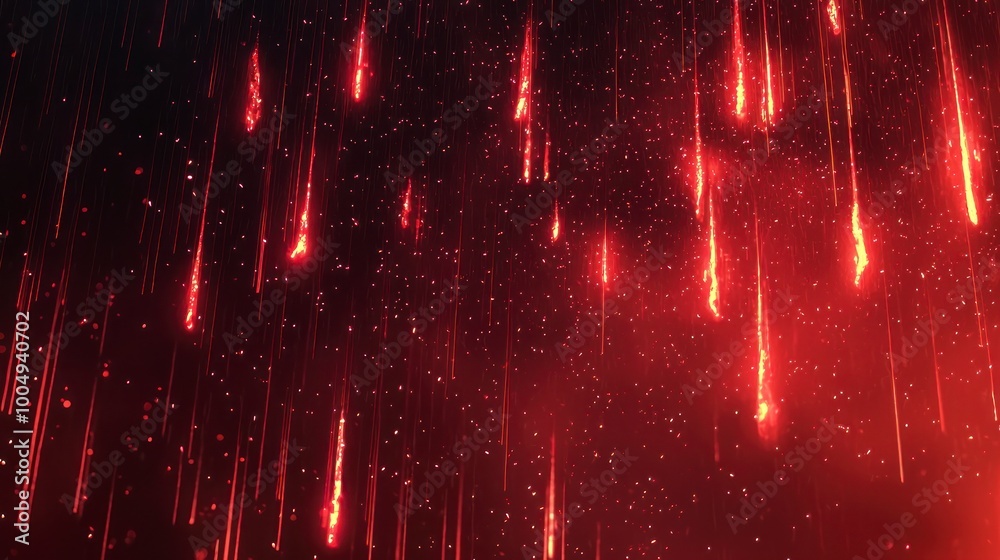 Glowing meteors falling through dark sky