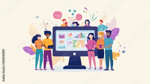 Unified Teamwork: Diverse Group of People by Electronic Monitor with Vibrant Visuals on Screen Against Pastel Background