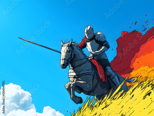 A valiant medieval knight, mounted on a horse and ready for jousting, with a colorful banner trailing behind as he prepares to face his opponent. Knight preparing for jousting.


 photo