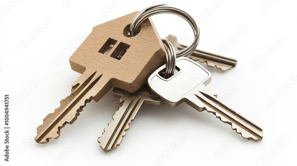 Elegant House Keys Arrangement with House-Shaped Keychain on Pure White Background Elegant House Keys Arrangement with House-Shaped Keychain on Pure White Background