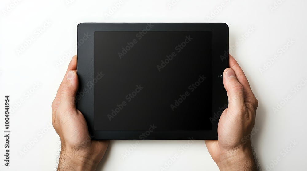 Modern Technology in Hands: Black Tablet Held by Male Hands on White Background Modern Technology in Hands: Black Tablet Held by Male Hands on White Background