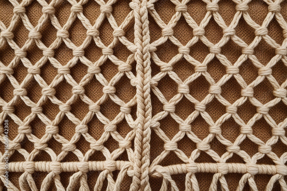 Bohemian Macrame Texture with Knotted Pattern on Jute Background Bohemian Macrame Texture with Knotted Pattern on Jute Background