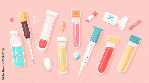 Playful Cartoon Blood Test Vial Set for Fun and Educational Laboratory Analysis Concept on Pastel Background