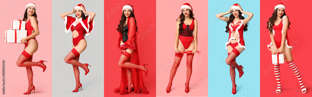 Set of beautiful young sexy women in lingerie on color background. Christmas celebration Set of beautiful young sexy women in lingerie on color background. Christmas celebration