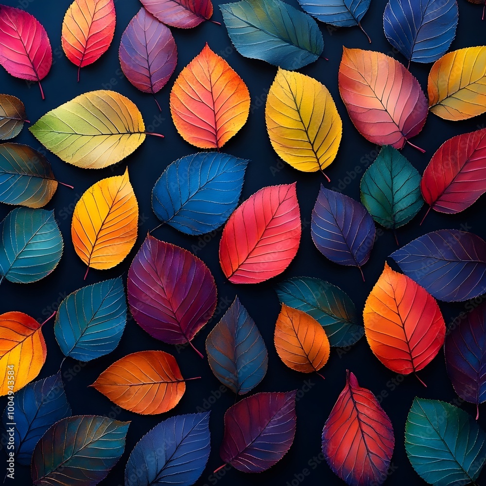 A vibrant collection of autumn leaves arranged in a symmetrical pattern against a deep blue background. A vibrant collection of autumn leaves arranged in a symmetrical pattern against a deep blue background.
