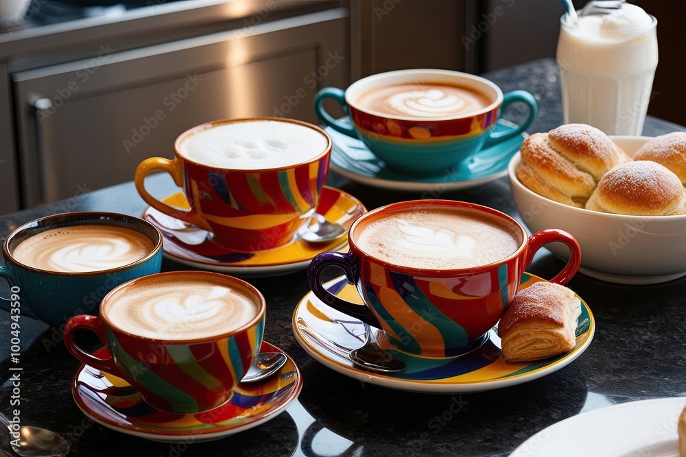Colorful ceramic coffee mugs with creamy cappuccinos and delicious pastries on a modern kitchen countertop ideal for breakfast and caf� decor Colorful ceramic coffee mugs with creamy cappuccinos and delicious pastries on a modern kitchen countertop ideal for breakfast and caf� decor