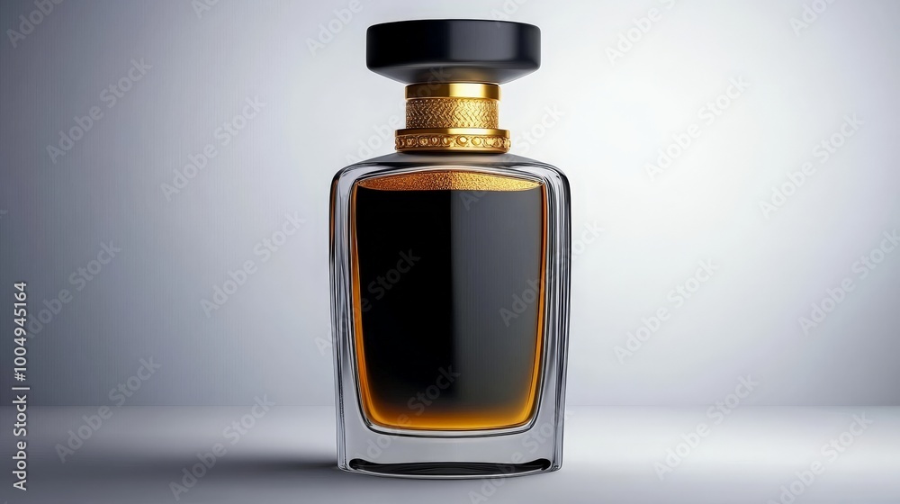 Luxury Perfume Bottle: A captivating perfume bottle with a sleek, modern design. The bottle is made of clear glass with a golden cap and a black spray nozzle. It is filled with a rich. Luxury Perfume Bottle: A captivating perfume bottle with a sleek, modern design. The bottle is made of clear glass with a golden cap and a black spray nozzle. It is filled with a rich.