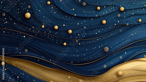 Abstract cosmic wave with gold and blue accents in a starry night sky photo