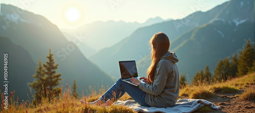 A person who sits as a digital nomad under palm trees in a tropical landscape by the pool and can work off his work worldwide
