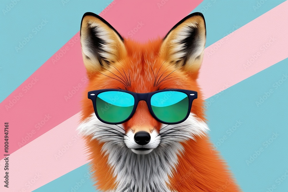 Fototapeta premium Creative Fox Illustration with Trendy Sunglasses on Colorful Pastel Background