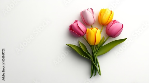 Tulips Bouquet: A cluster of vibrant pink and yellow tulips with green leaves, arranged in a delicate bouquet against a minimalist backdrop. The image exudes elegance and springtime freshness.