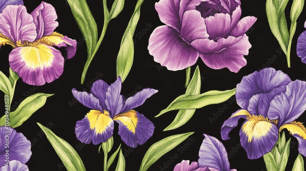 Seamless pattern with purple iris and peony flowers on black background. Seamless pattern with purple iris and peony flowers on black background.