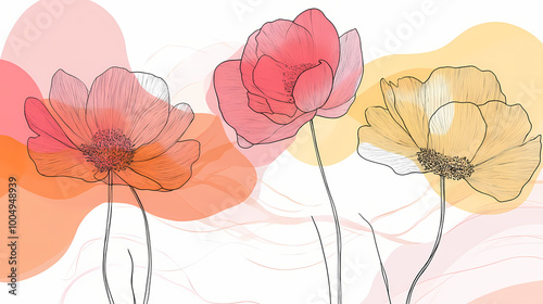 Peony flowers isolated png illustration. wildflowers for background. abstract botanical art. simple minimalist art set. continuous line drawing. Line Art. Illustration