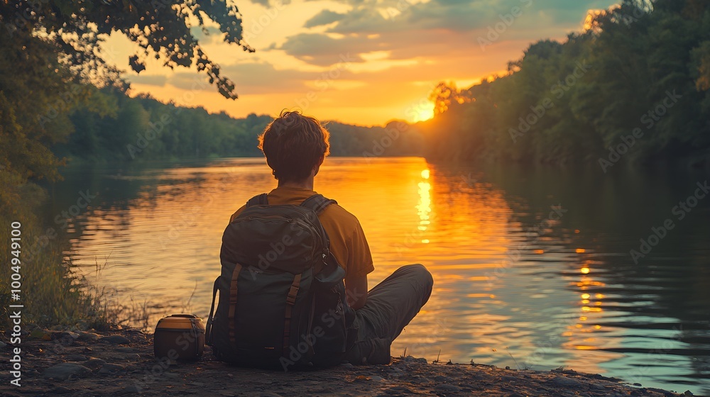 Solo adventurer resting by the riverside at dusk, glowing sunset hues on the water, nature all around, aspirational travel and freedom vibes Solo adventurer resting by the riverside at dusk, glowing sunset hues on the water, nature all around, aspirational travel and freedom vibes