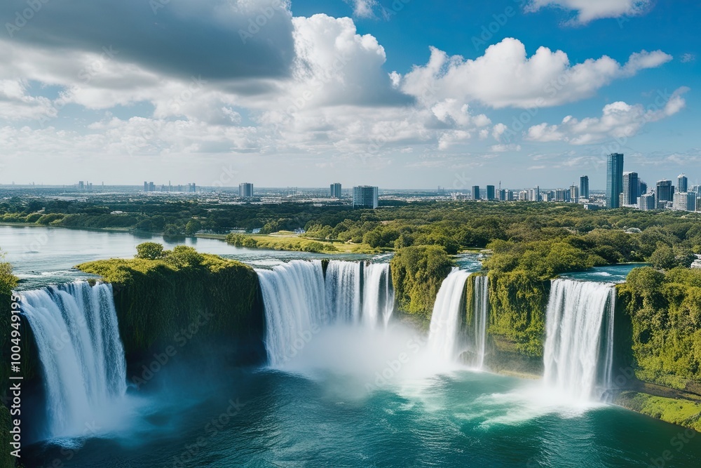 Stunning Waterfall Views City Skyline and Eco-Friendly Landscape Stunning Waterfall Views City Skyline and Eco-Friendly Landscape