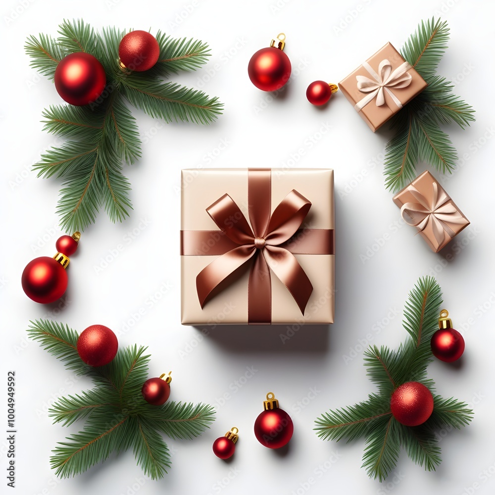 festive gift box with ribbon and ornaments, holiday theme on white festive gift box with ribbon and ornaments, holiday theme on white