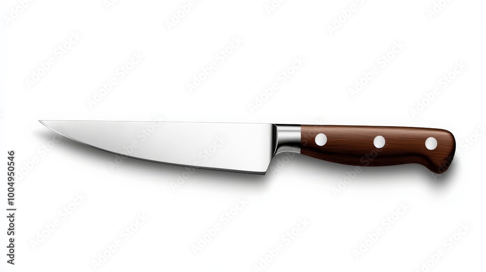 Sharp and Sleek: A high-quality chef's knife with a wooden handle, isolated on a white background. The knife's sharp blade and sleek design exude professionalism and precision.
