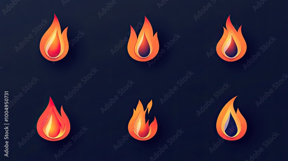 Six flame icons, stylized with various shades of red, orange, and yellow, with dark blue backgrounds. Six flame icons, stylized with various shades of red, orange, and yellow, with dark blue backgrounds.