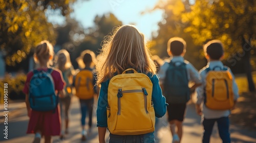 Young children walking to school, diverse group with backpacks, bright morning, smiles all around, back to school excitement, inclusive education focus