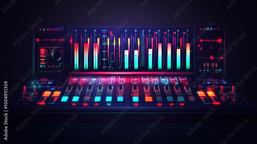 Fototapeta premium Vibrant Audio Mixer Illuminated in a Dark Studio - Dynamic Music Production Scene Illustration