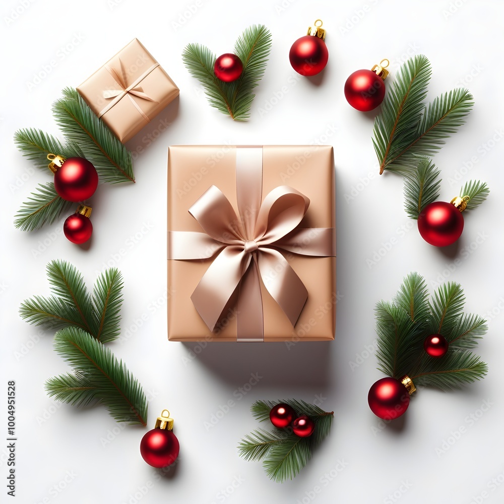 holiday gift box and christmas ornaments with festive bow on white