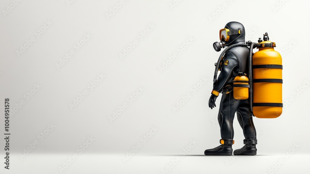 Deep Sea Explorer: A lone diver, clad in a black wetsuit and oxygen tank, stands poised against a minimalist white background. The image evokes a sense of isolation, exploration, and the unknown. Deep Sea Explorer: A lone diver, clad in a black wetsuit and oxygen tank, stands poised against a minimalist white background. The image evokes a sense of isolation, exploration, and the unknown.