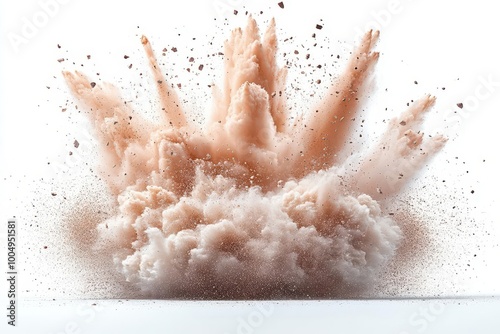 dynamic explosion of debris and dust captured in midair isolated on a stark white background conveying a sense of chaos and energy photo