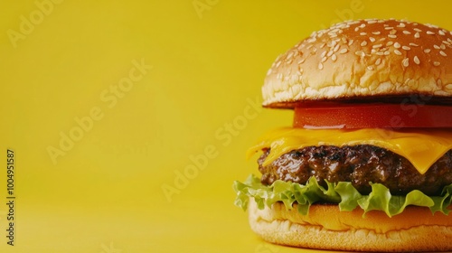 Juicy cheeseburger on yellow background photo