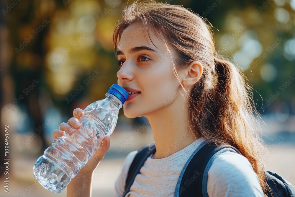 Woman drinks water from a bottle. Perfect for illustrating the importance of hydration. Woman drinks water from a bottle. Perfect for illustrating the importance of hydration.