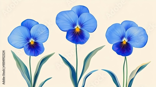 Three blue pansies with green leaves on a light beige background.