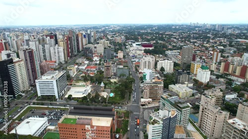 Center of the Batel neighborhood, in the city of Curitiba, state of Paraná, southern Brazil, aerial drone tour between the buildings photo