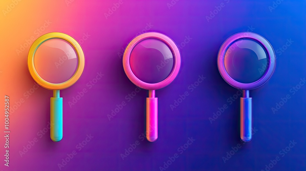 Three colorful magnifying glasses on a gradient background. Three colorful magnifying glasses on a gradient background.